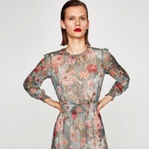 Zara Green Blue Pink Floral Sheer Midi Dress Small